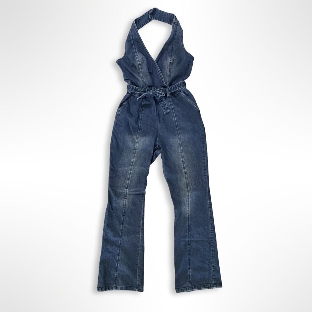 Y2K VENUS Denim Halter Bootcut Jumpsuit 10 L, Disco Hippie 2000s - Picture 4 of 11